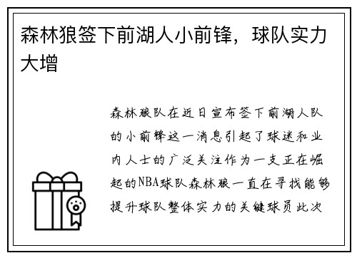 森林狼签下前湖人小前锋，球队实力大增